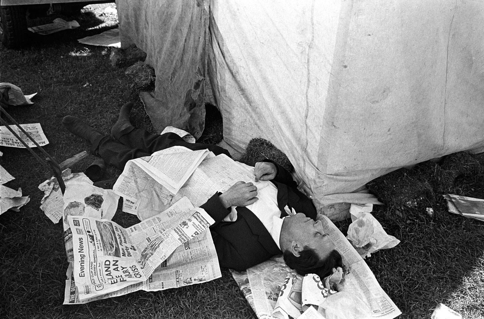 Derby Day annual horse race, sleeping off an alcoholic afternoon, Epsom Downs, Surrey, 1970