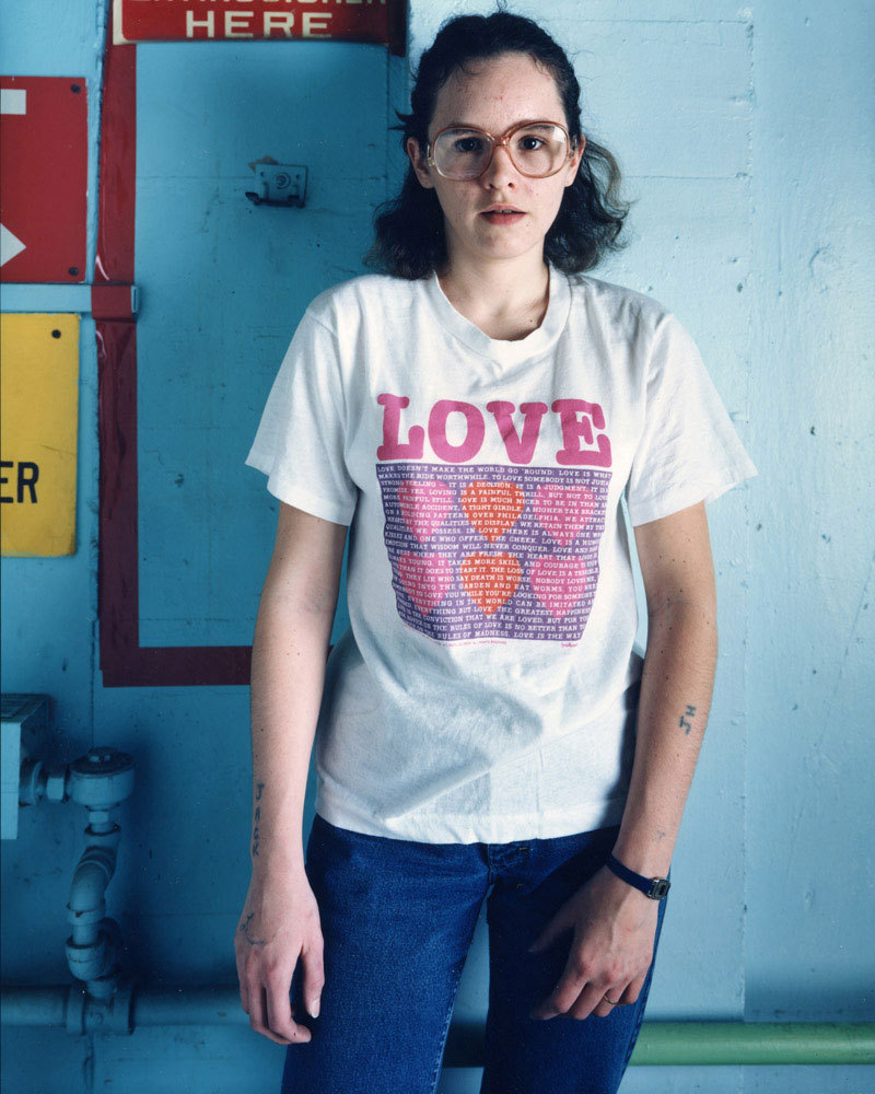 Woman with LOVE tee and tattoo, Binghamton, NY, 1987