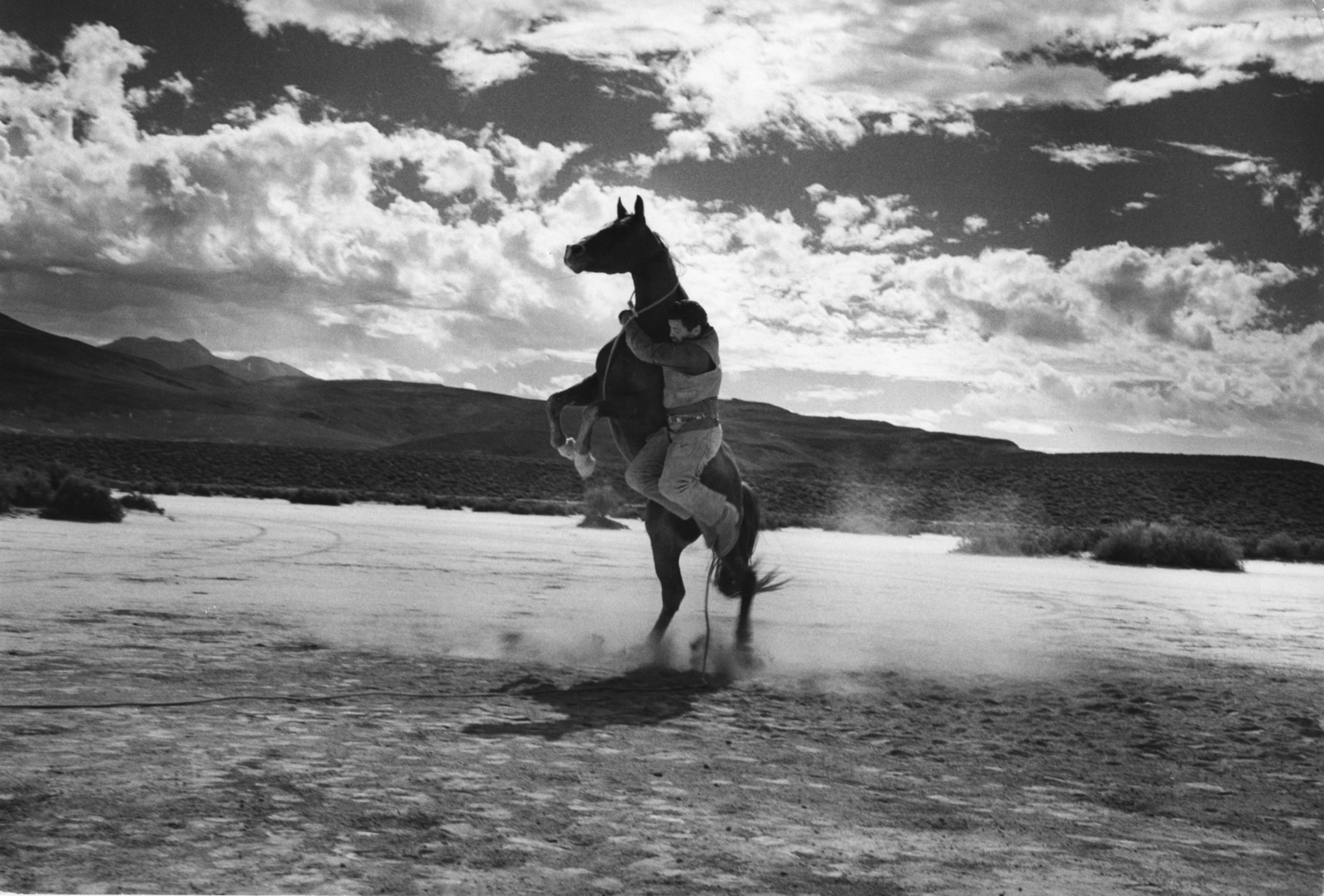 Cowboy and leaping horse on the set of the Misfits, 1960